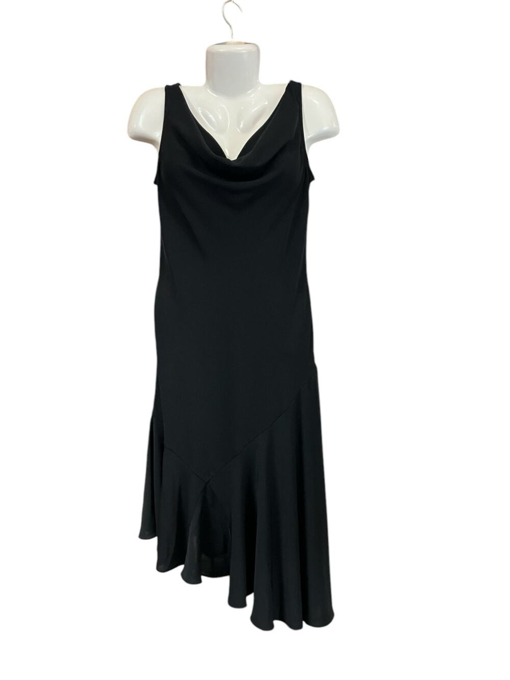 S.L. Fashions Black Sleeveless Cowl Neck Handkerchief Hem Evening Dress SZ 12